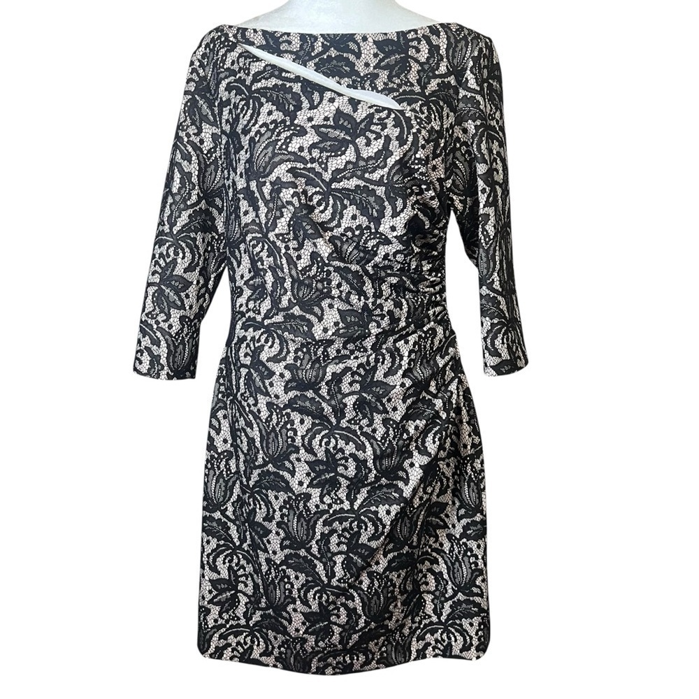 Kay Unger NY Dress Sz 10 Nude Black Lace Cocktail Party Half Sleeve Semi Formal
